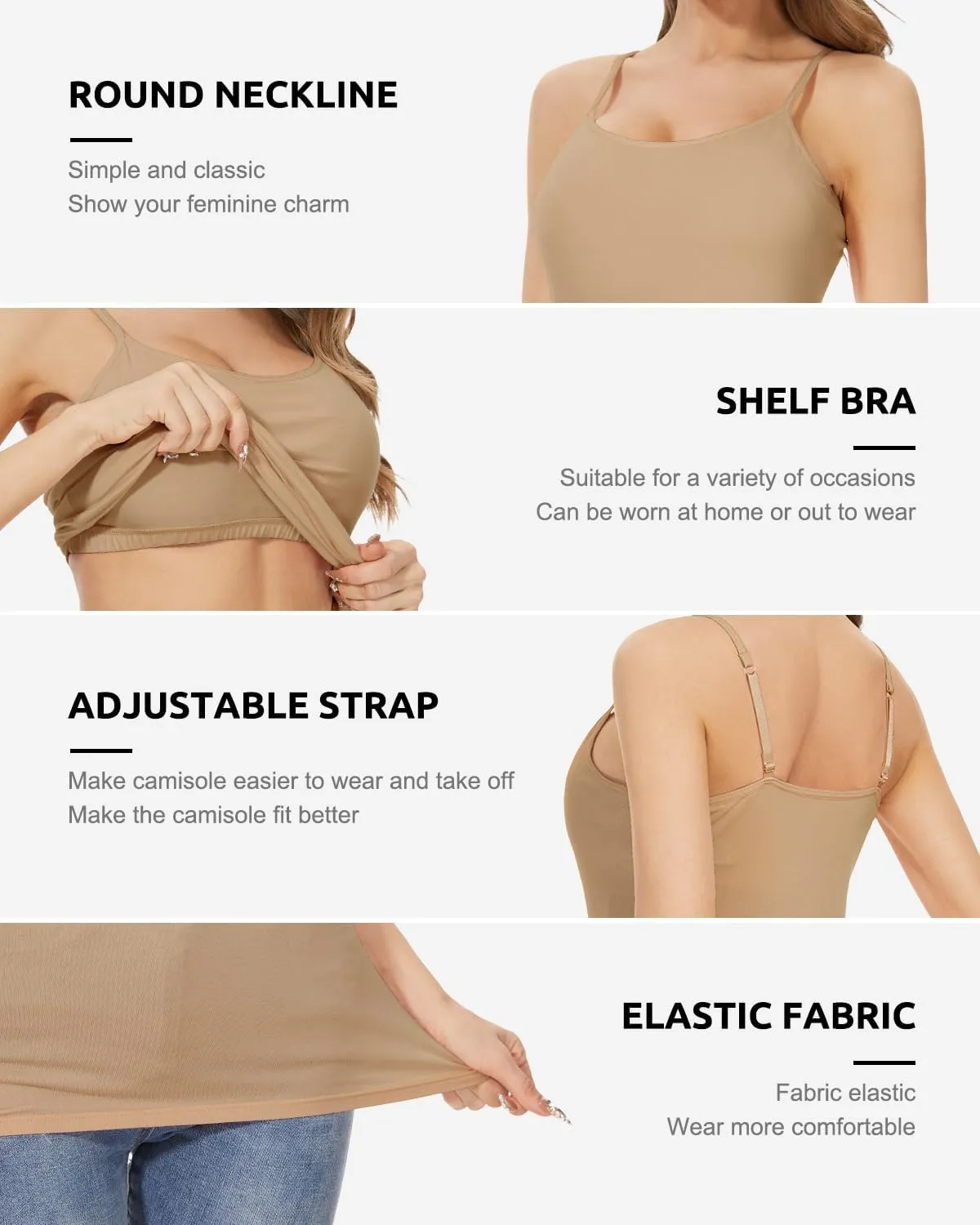 3-Pack Womens Camisole with Shelf Bra Adjustable Spaghetti Strap Cami Cotton Undershirt Tanks