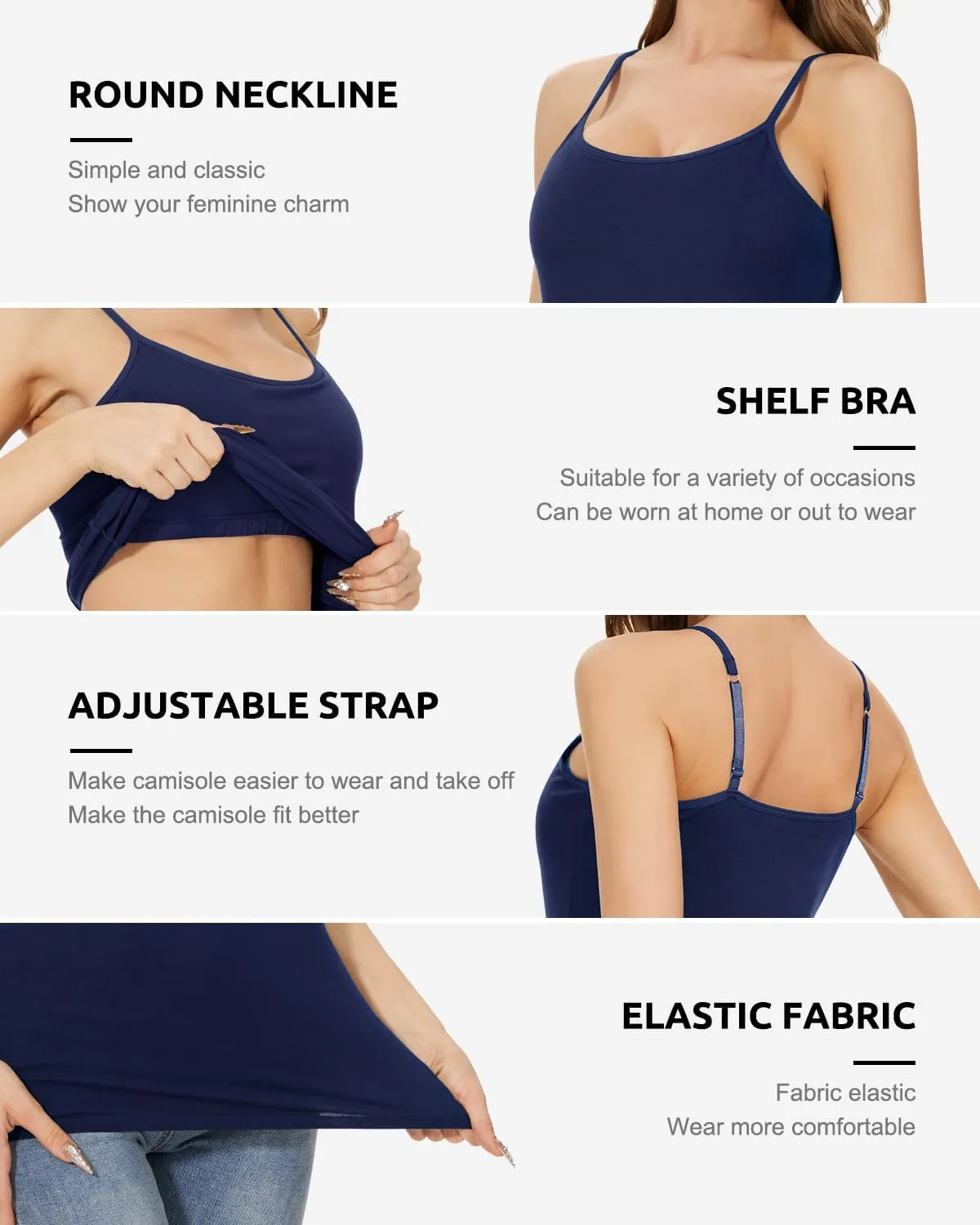 3-Pack Womens Camisole with Shelf Bra Adjustable Spaghetti Strap Cami Cotton Undershirt Tanks