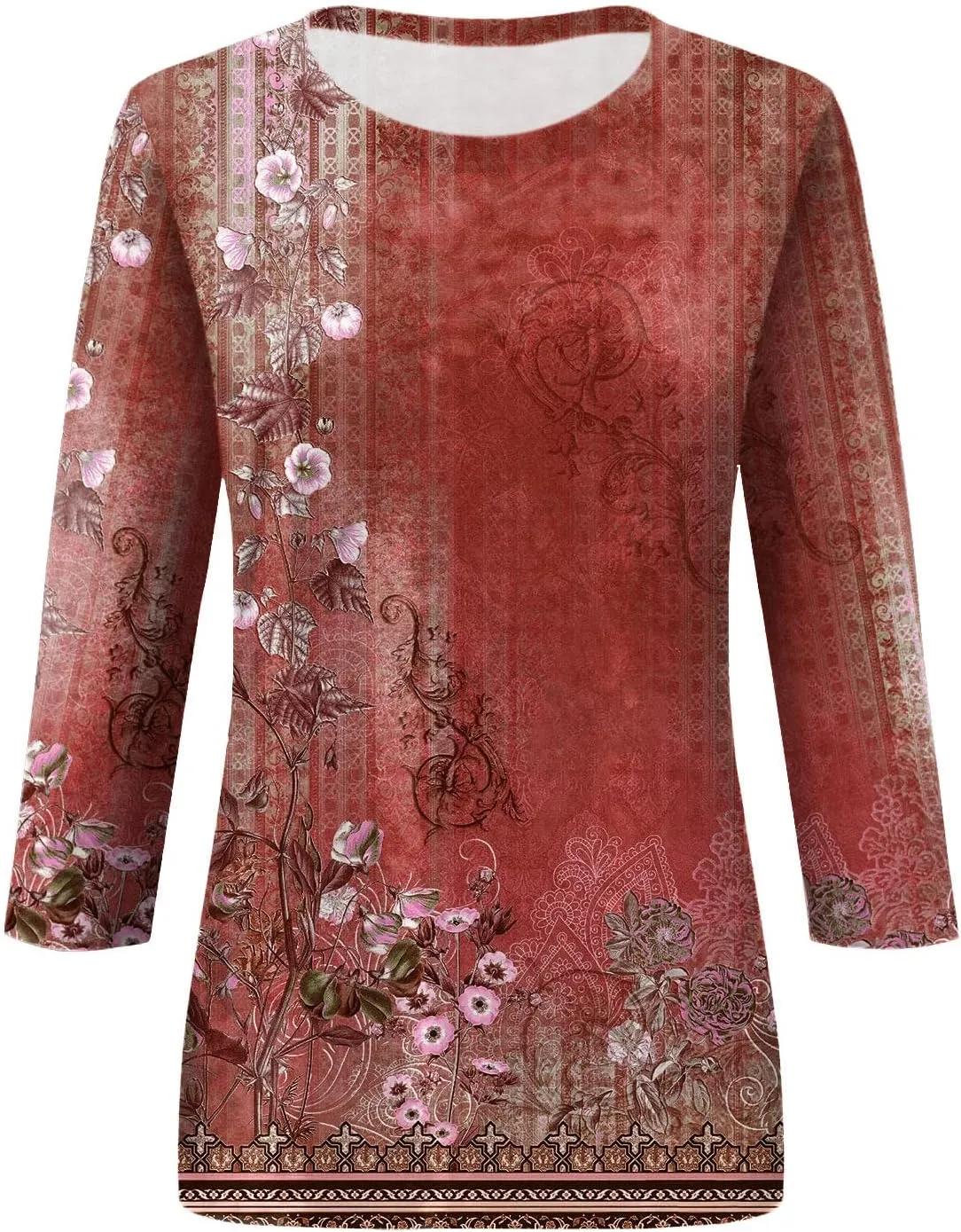 3/4 Length Sleeve Shirts for Women 2025 Casual Summer Blouses Crewneck Floral Printed Cute Loose Fit Tops