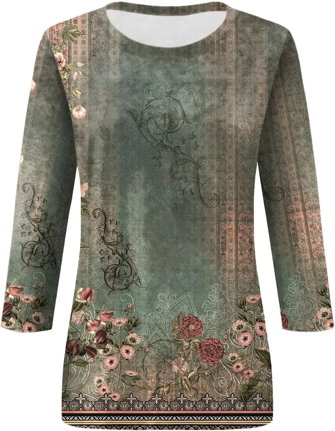 3/4 Length Sleeve Shirts for Women 2025 Casual Summer Blouses Crewneck Floral Printed Cute Loose Fit Tops