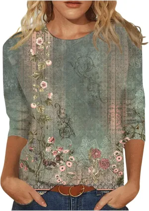 3/4 Length Sleeve Shirts for Women 2025 Casual Summer Blouses Crewneck Floral Printed Cute Loose Fit Tops