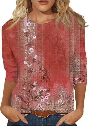 3/4 Length Sleeve Shirts for Women 2025 Casual Summer Blouses Crewneck Floral Printed Cute Loose Fit Tops