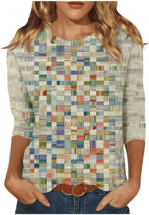 3/4 Length Sleeve Womens Tops 2024 Floral Print Vintage Casual Loose with Round Neck Plus Size Shirts