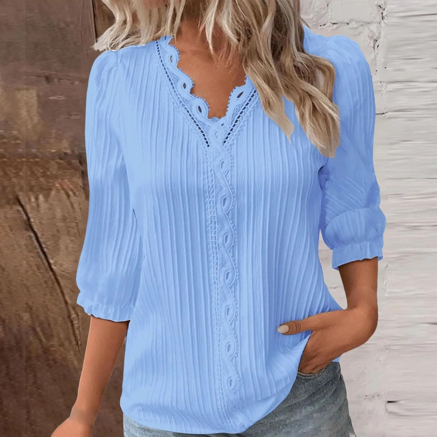 3/4 Length Sleeve Womens Tops 2025 Dressy Casual V Neck Tshirts Trendy Puff Short Sleeve Loose Fit Hollow Blouses