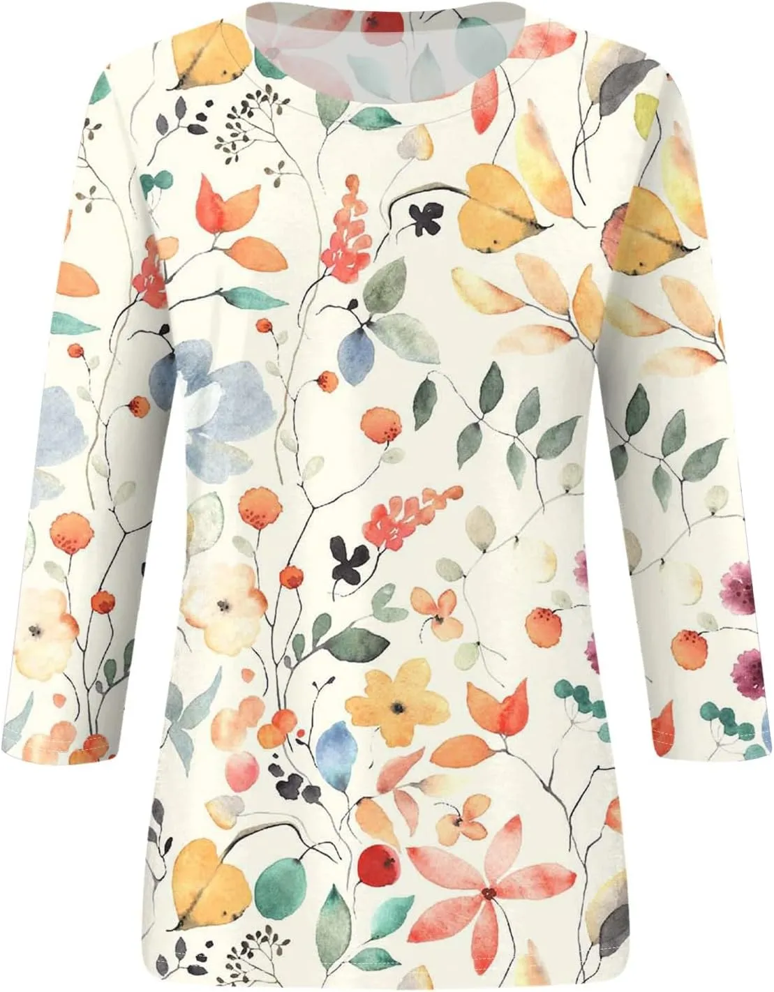 3/4 Length Sleeve Womens Tops Trendy Boho Floral Print Tunic Tops Dressy Casual Round Neck Loose Blouse