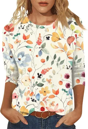 3/4 Length Sleeve Womens Tops Trendy Boho Floral Print Tunic Tops Dressy Casual Round Neck Loose Blouse