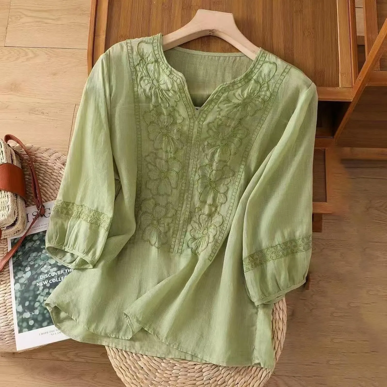 3/4 Sleeve Linen Shirts for Women Cotton Summer Retro Embroidered Boho Tops Dressy Casual Trendy Vacation Blouse