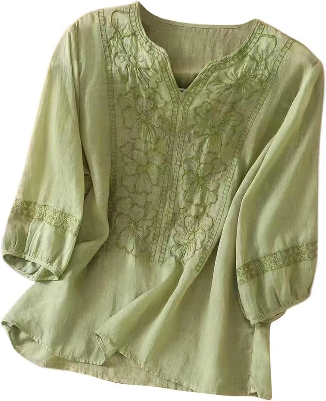 3/4 Sleeve Linen Shirts for Women Cotton Summer Retro Embroidered Boho Tops Dressy Casual Trendy Vacation Blouse