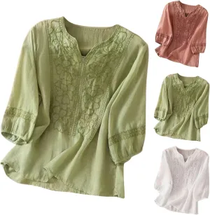 3/4 Sleeve Linen Shirts for Women Cotton Summer Retro Embroidered Boho Tops Dressy Casual Trendy Vacation Blouse