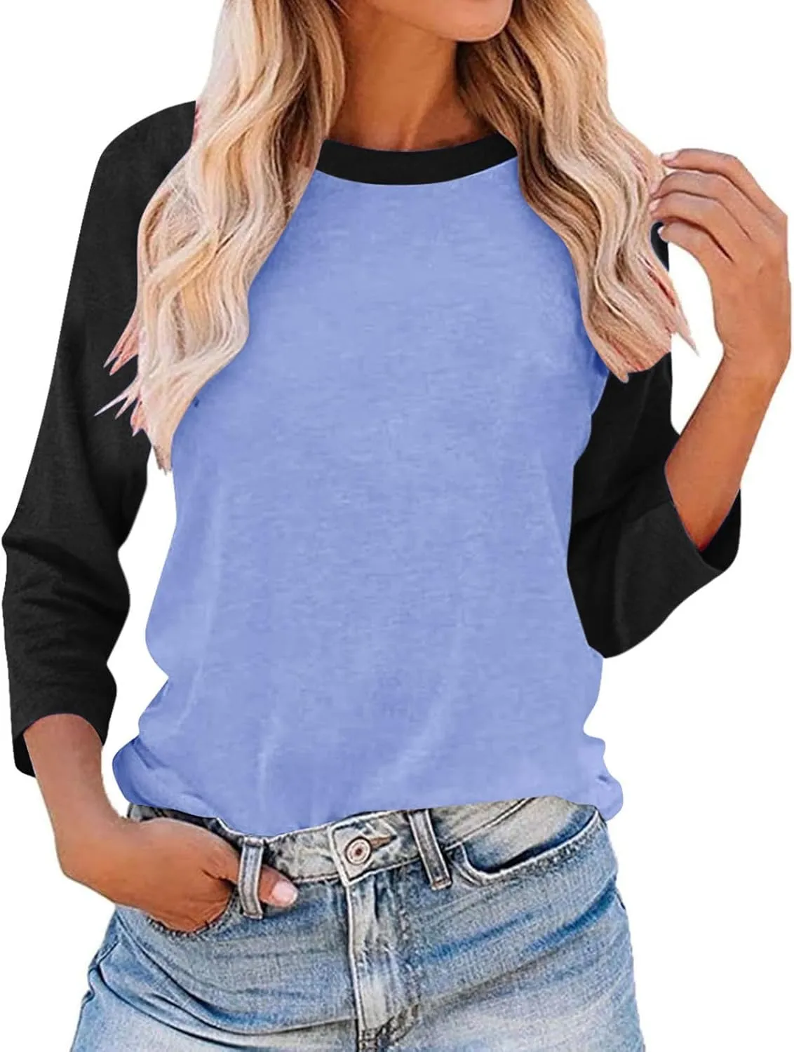 3/4 Sleeve Tops for Women Contrast Crewneck Casual Trendy Shirts Summer Jersey Sports Blouses Baseball Tee