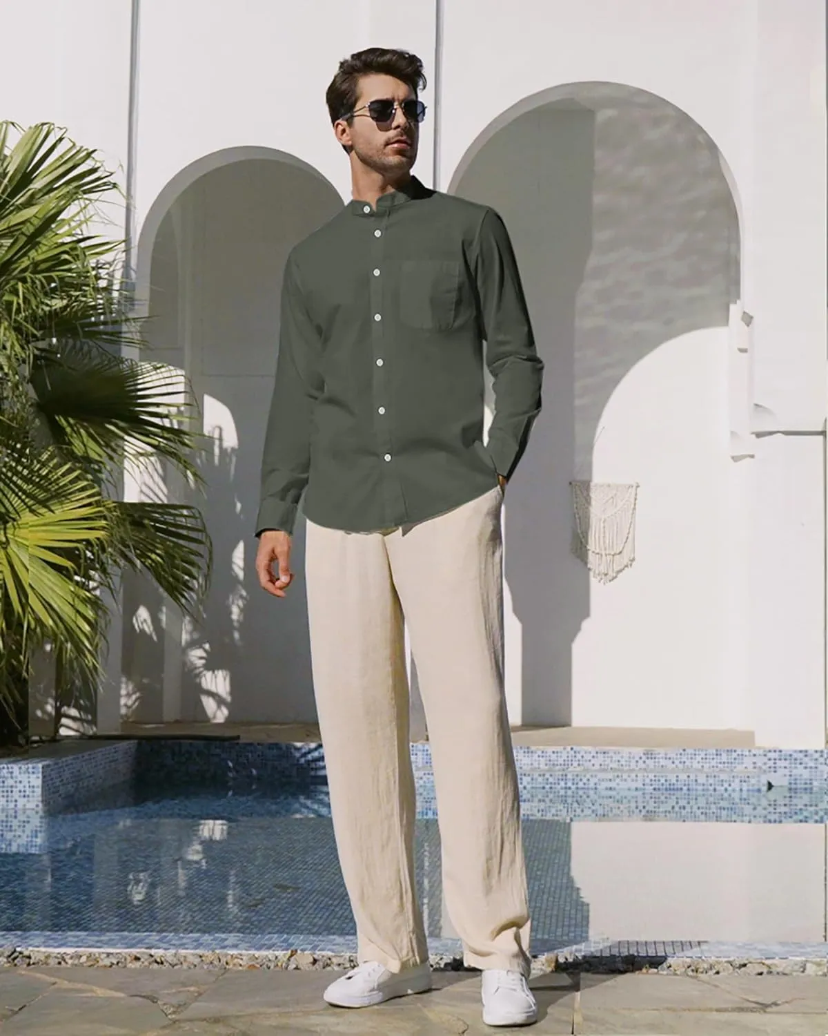 Alimens & Gentle Men's Cotton Linen Shirts Long Sleeve Button Down Shirt Band Collar Beach Shirts