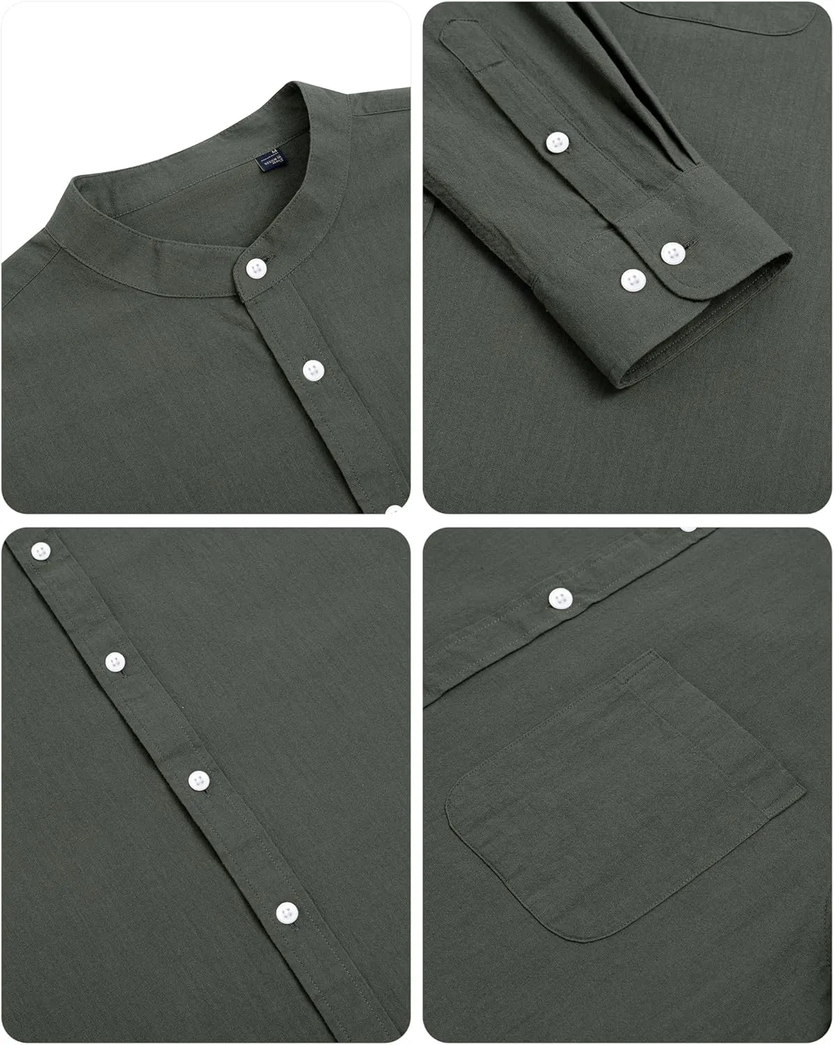 Alimens & Gentle Men's Cotton Linen Shirts Long Sleeve Button Down Shirt Band Collar Beach Shirts