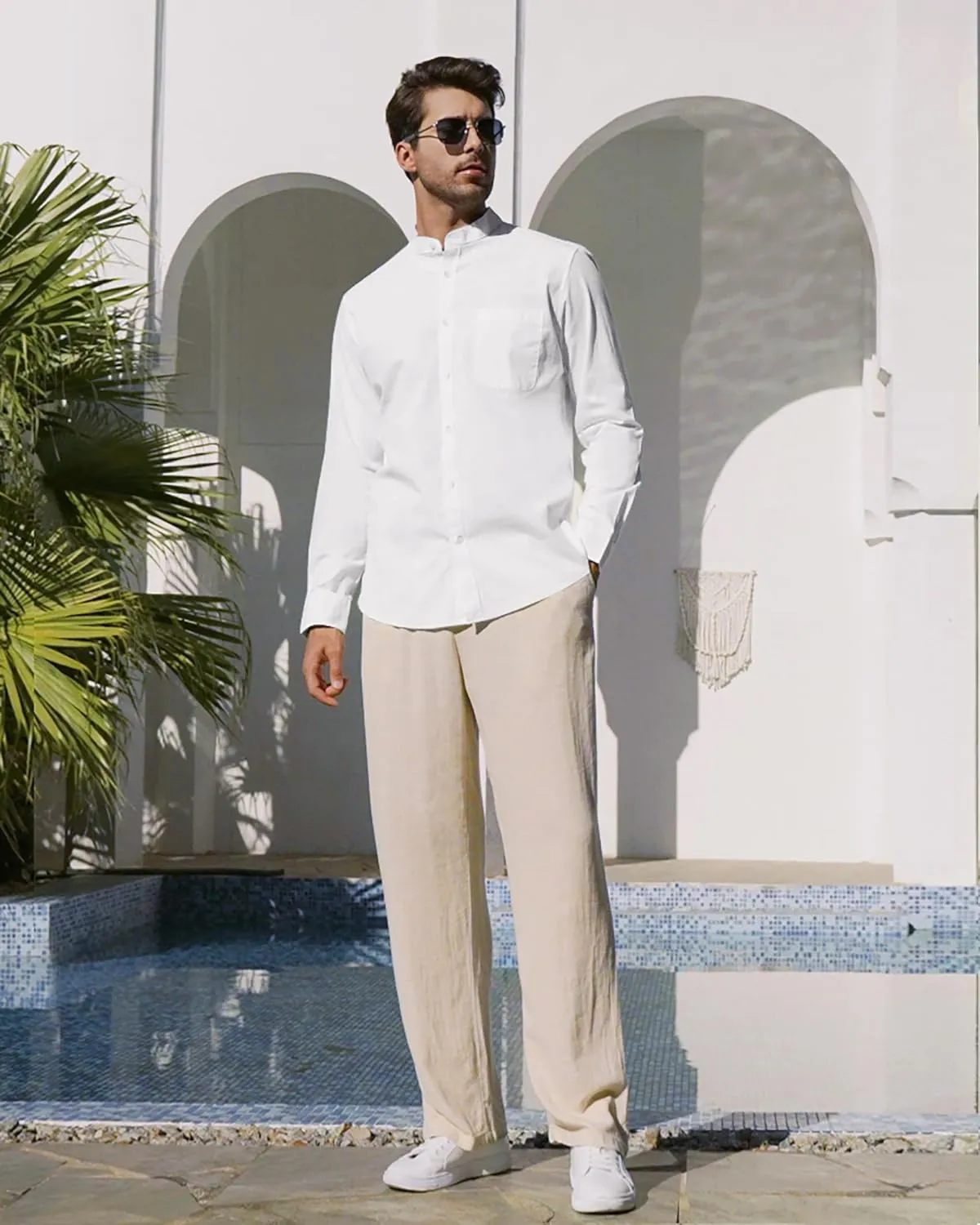 Alimens & Gentle Men's Cotton Linen Shirts Long Sleeve Button Down Shirt Band Collar Beach Shirts