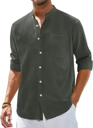 Alimens & Gentle Men's Cotton Linen Shirts Long Sleeve Button Down Shirt Band Collar Beach Shirts