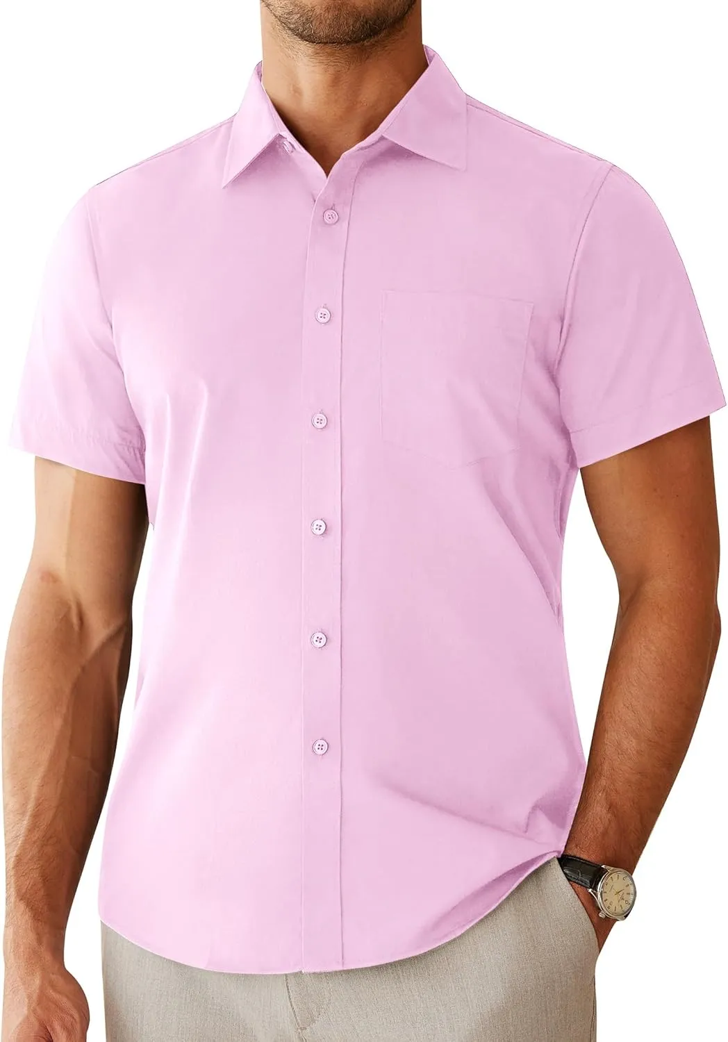 Alimens & Gentle Mens Short Sleeve Dress Shirts Regular Fit Stretch Wrinkle-Resistant Button Down Shirts
