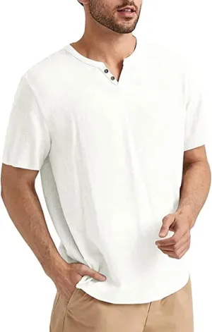 Angbater Men's Linen Shirt Short Beach Hippie T Shirts Casual Summer Lightweight Tropical Henley Shirts