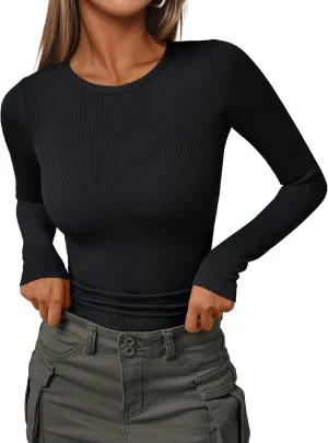 AUTOMET Womens Ribbed Shirts Crewneck Fitted Tops Casual Underscrubs Layer Slim Basic T-Shirts