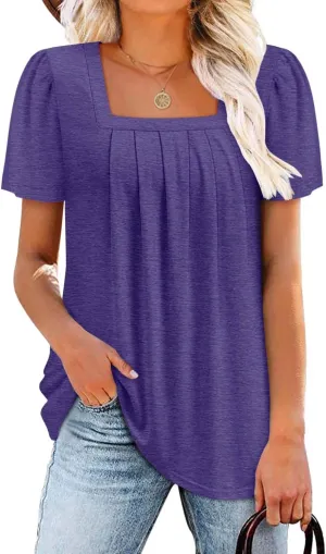 BETTE BOUTIK Womens Summer Tops Short Sleeve Pleated Square Neck Tunics Shirts Blouses S-3XL