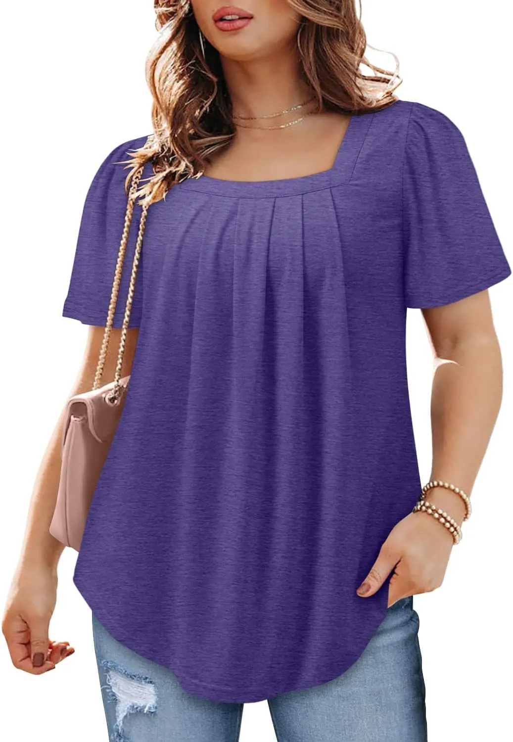BETTE BOUTIK Womens Summer Tops Short Sleeve Pleated Square Neck Tunics Shirts Blouses S-3XL