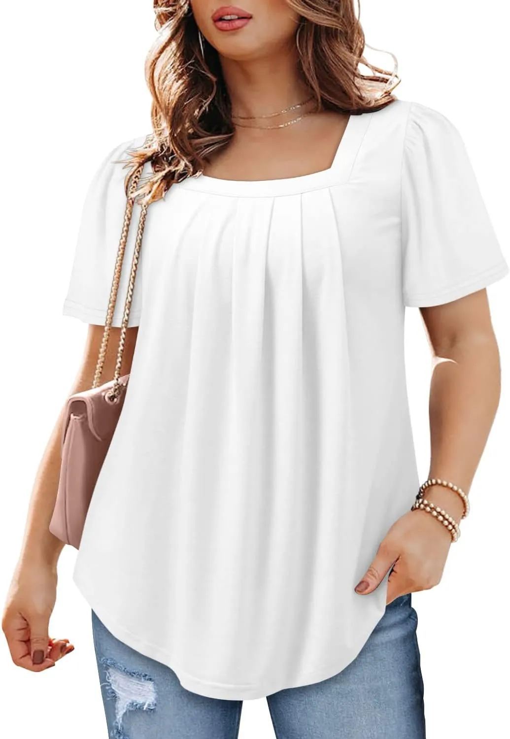 BETTE BOUTIK Womens Summer Tops Short Sleeve Pleated Square Neck Tunics Shirts Blouses S-3XL