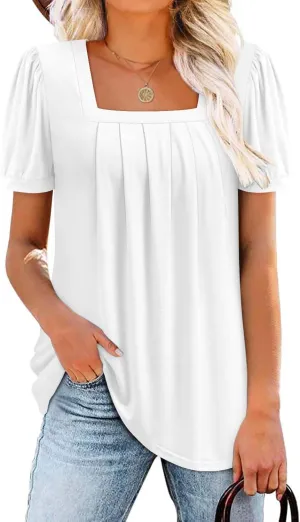 BETTE BOUTIK Womens Summer Tops Short Sleeve Pleated Square Neck Tunics Shirts Blouses S-3XL