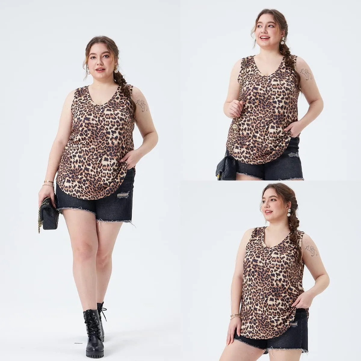 CARCOS Plus Size Tank Tops for Women V Neck Sleeveless T Shirts Solid/Tie Dye/Floral Camisole Casual Tanks for Summer XL-5XL