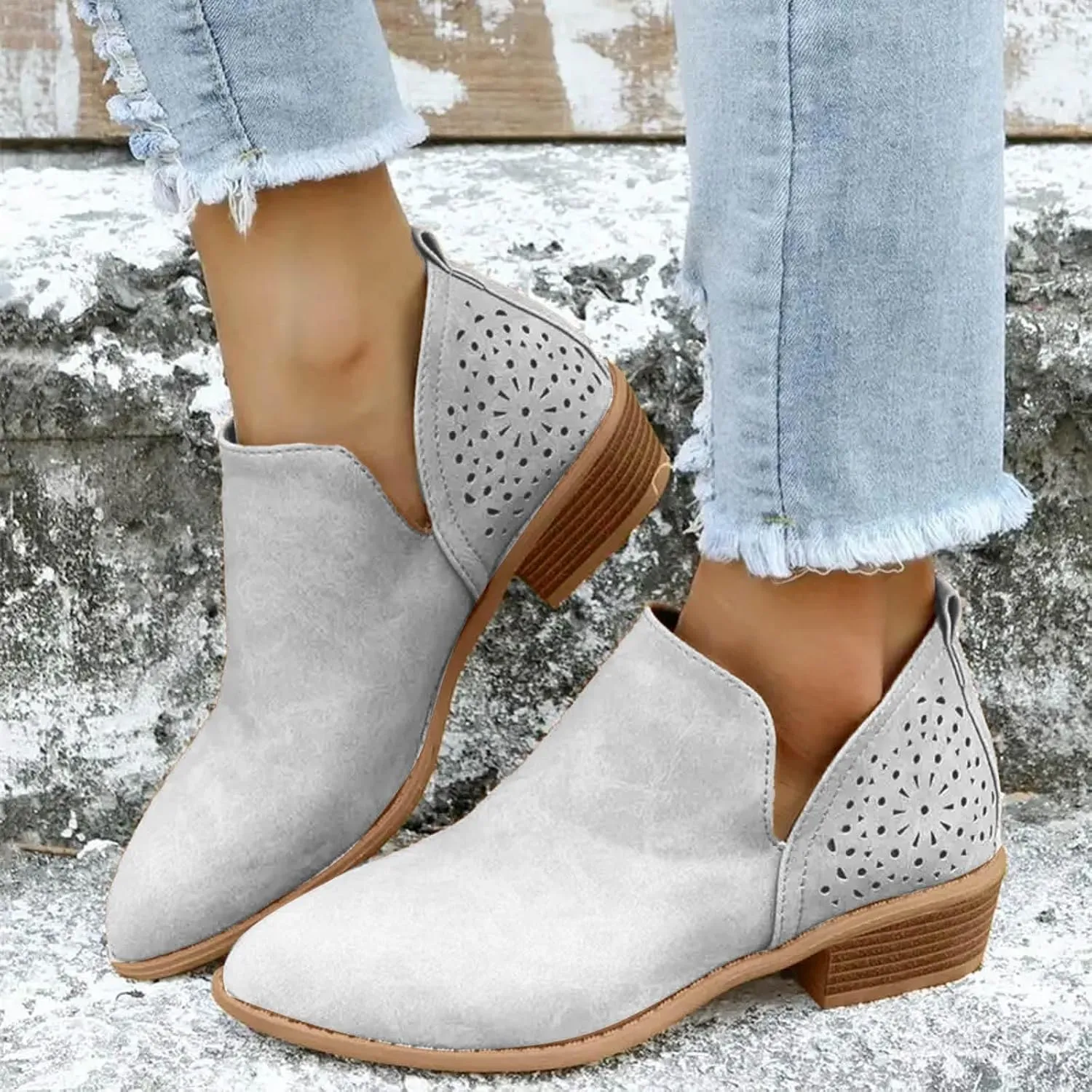 Cathale Booties for Women 2024 Stacked Low Heel Ankle Booties Cowgirl Boots Slip On Perforated Western Booties Cutout Shoes
