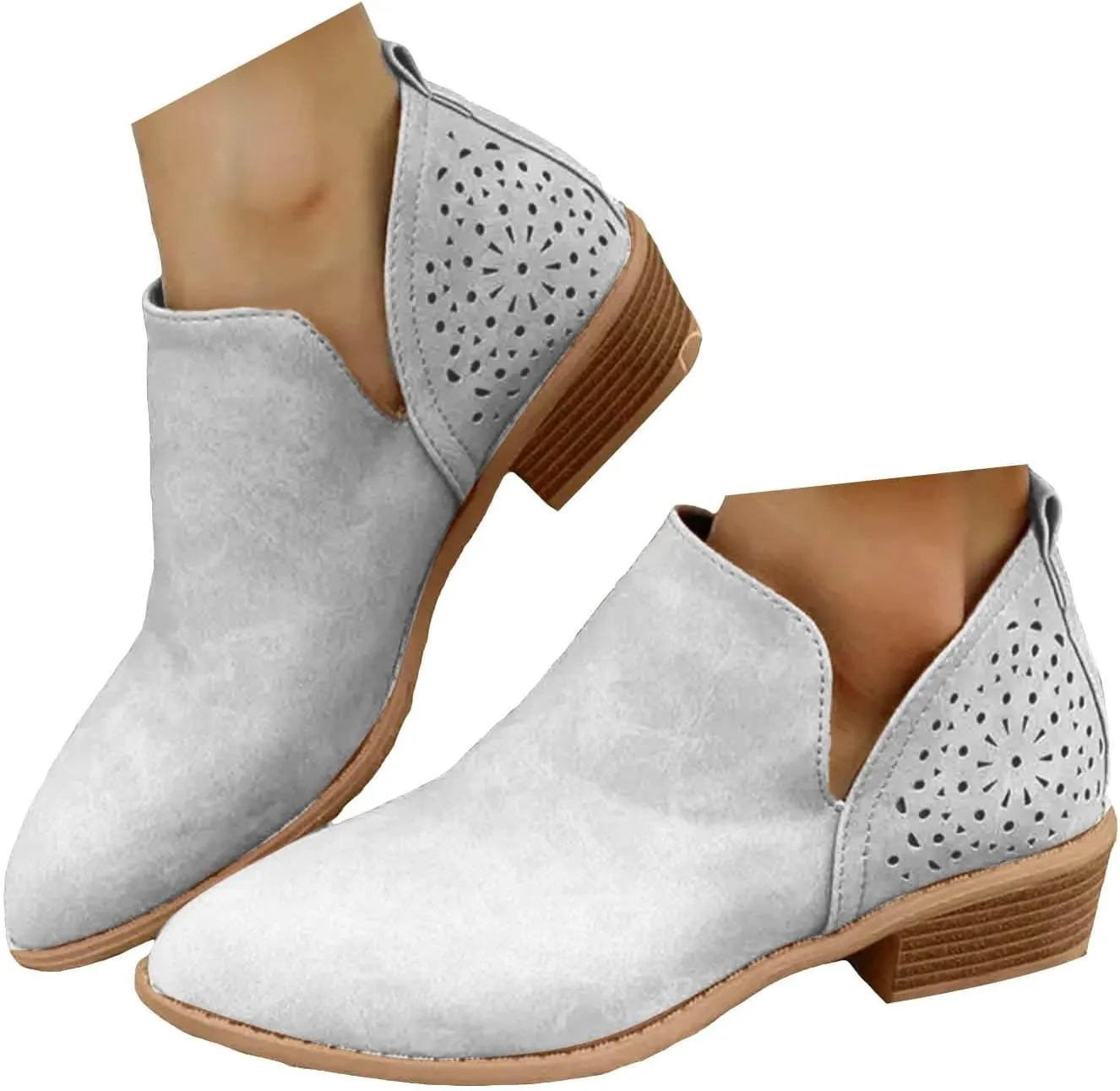 Cathale Booties for Women 2024 Stacked Low Heel Ankle Booties Cowgirl Boots Slip On Perforated Western Booties Cutout Shoes
