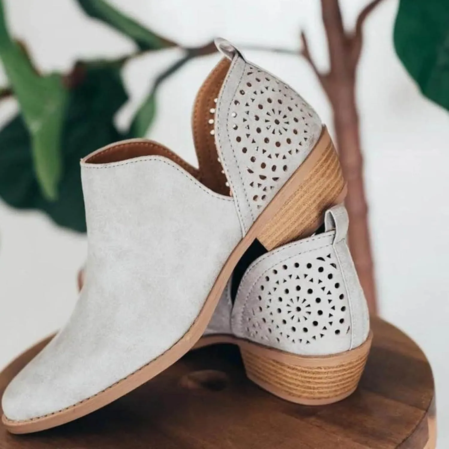 Cathale Booties for Women 2024 Stacked Low Heel Ankle Booties Cowgirl Boots Slip On Perforated Western Booties Cutout Shoes