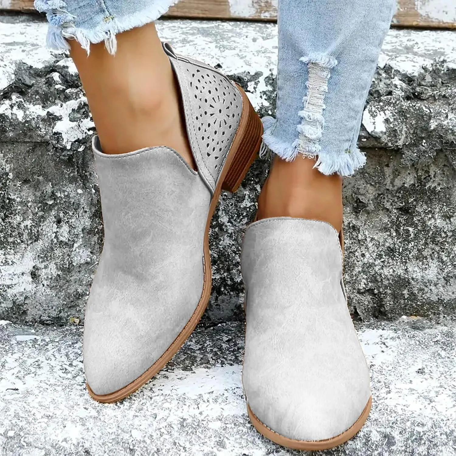 Cathale Booties for Women 2024 Stacked Low Heel Ankle Booties Cowgirl Boots Slip On Perforated Western Booties Cutout Shoes