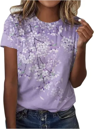 Ceboyel Women Short Sleeve Casual Blouse Floral Print Summer T Shirts Cute Graphic Loose Tees Tops Trendy Ladies Clothing
