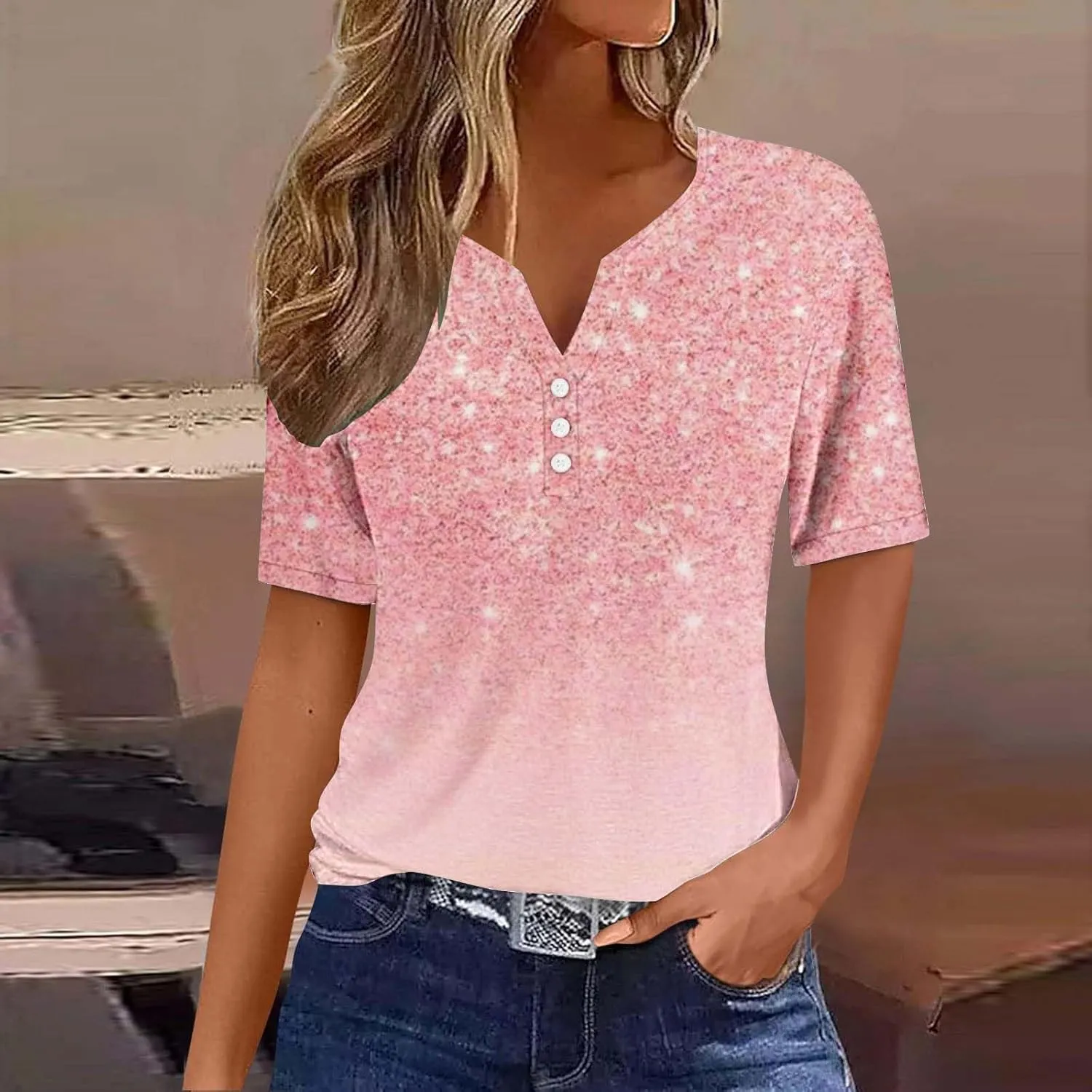 Ceboyel Women Trendy 2024 Summer Tops Striped Sparkly Print Tshirts Shirt Short Sleeve Blouses Tunic Dressy Causal Clothes