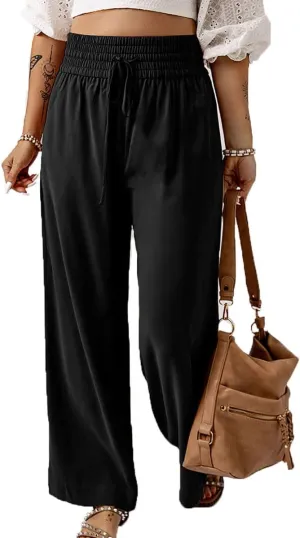 Chatinction Womens Wide Leg Palazzo Pants Drawstring Tie Elastic High Waist Trousers with Side Pockets