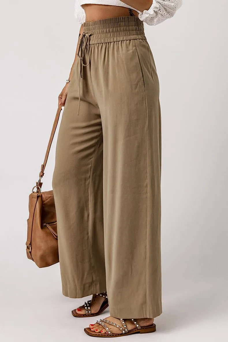 Chatinction Womens Wide Leg Palazzo Pants Drawstring Tie Elastic High Waist Trousers with Side Pockets