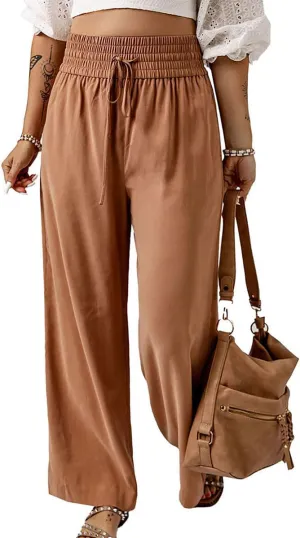 Chatinction Womens Wide Leg Palazzo Pants Drawstring Tie Elastic High Waist Trousers with Side Pockets