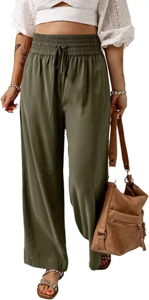 Chatinction Womens Wide Leg Palazzo Pants Drawstring Tie Elastic High Waist Trousers with Side Pockets