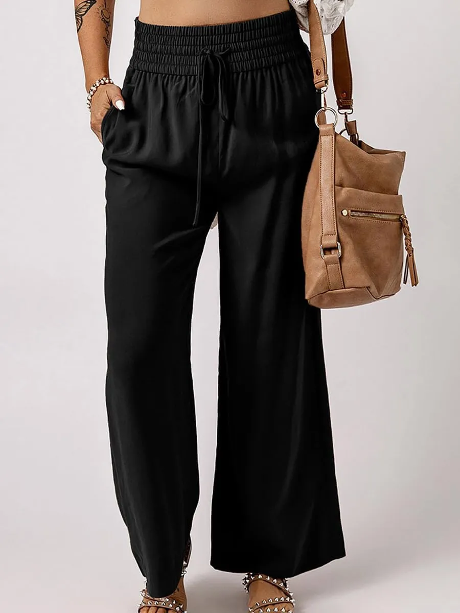 Chatinction Womens Wide Leg Palazzo Pants Drawstring Tie Elastic High Waist Trousers with Side Pockets