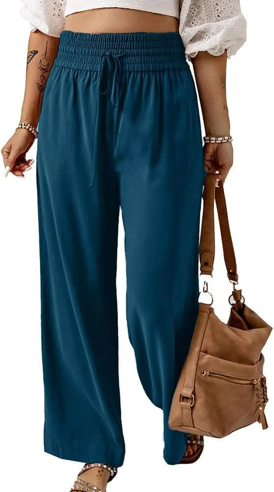 Chatinction Womens Wide Leg Palazzo Pants Drawstring Tie Elastic High Waist Trousers with Side Pockets
