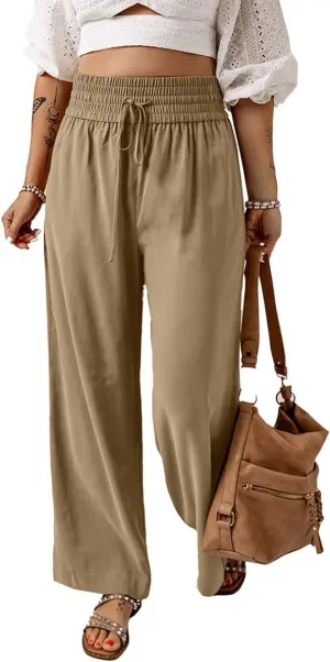 Chatinction Womens Wide Leg Palazzo Pants Drawstring Tie Elastic High Waist Trousers with Side Pockets