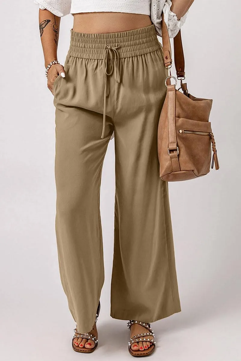 Chatinction Womens Wide Leg Palazzo Pants Drawstring Tie Elastic High Waist Trousers with Side Pockets