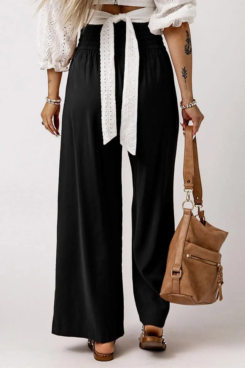 Chatinction Womens Wide Leg Palazzo Pants Drawstring Tie Elastic High Waist Trousers with Side Pockets