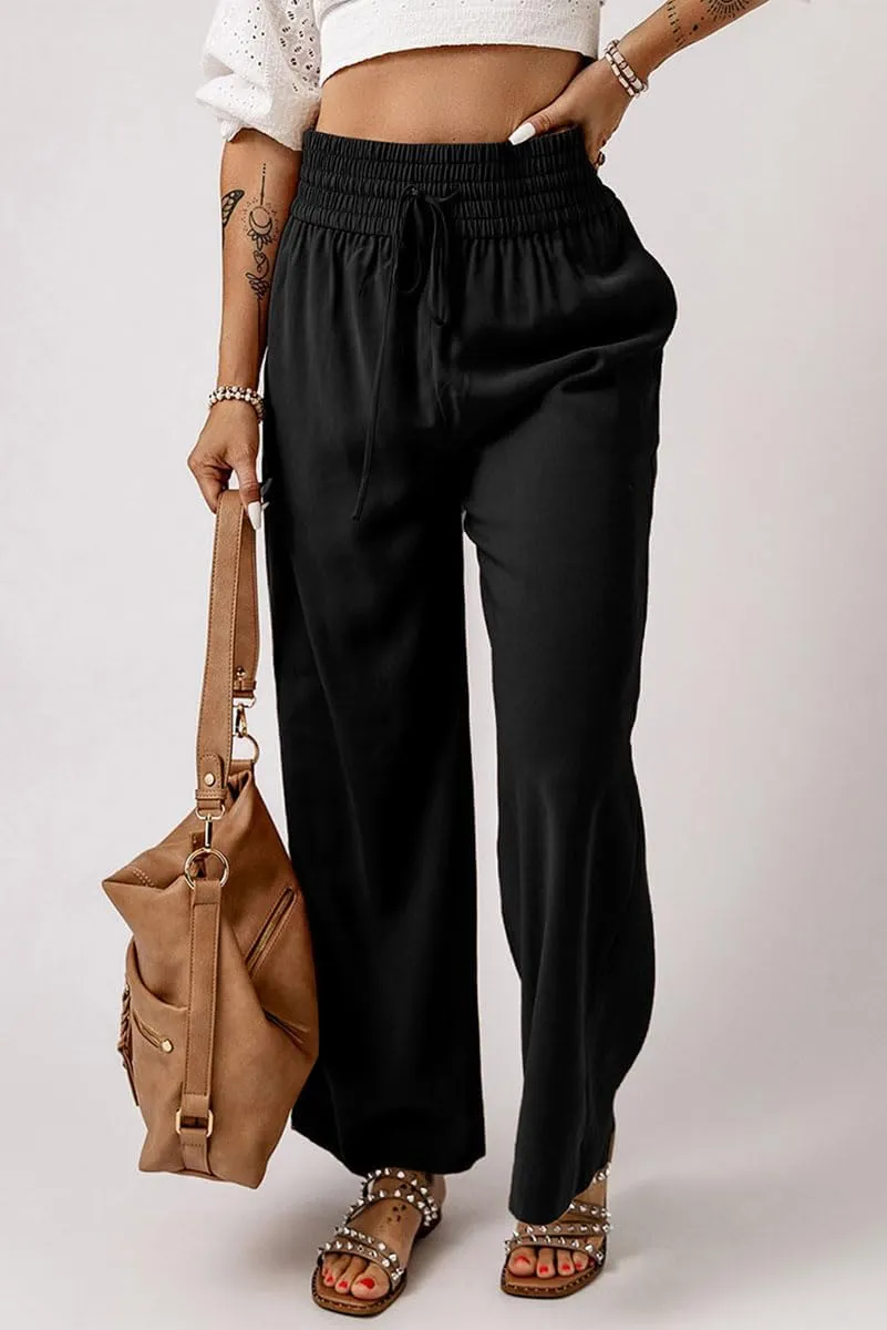 Chatinction Womens Wide Leg Palazzo Pants Drawstring Tie Elastic High Waist Trousers with Side Pockets