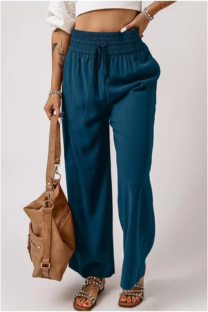 Chatinction Womens Wide Leg Palazzo Pants Drawstring Tie Elastic High Waist Trousers with Side Pockets