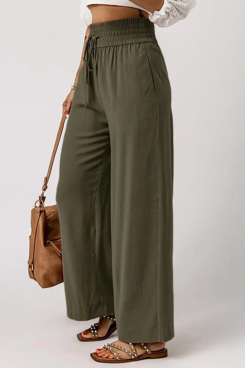Chatinction Womens Wide Leg Palazzo Pants Drawstring Tie Elastic High Waist Trousers with Side Pockets