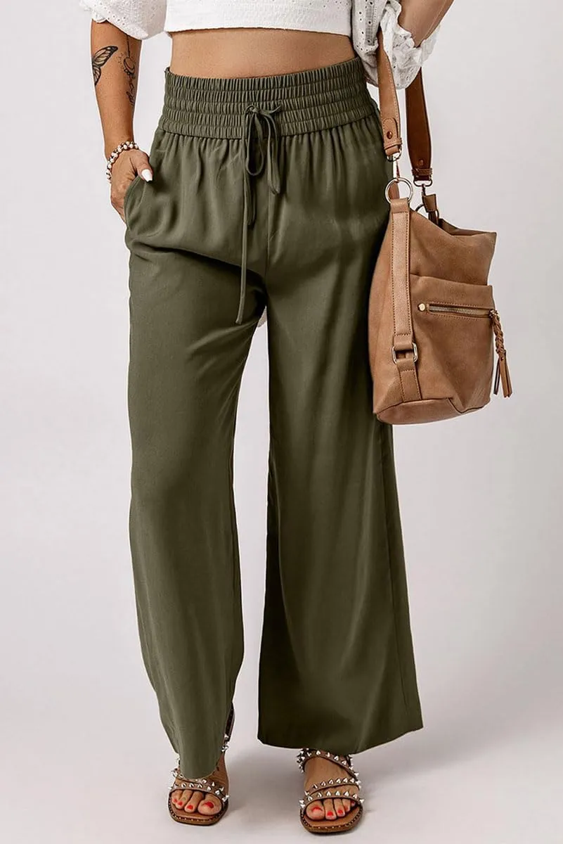 Chatinction Womens Wide Leg Palazzo Pants Drawstring Tie Elastic High Waist Trousers with Side Pockets