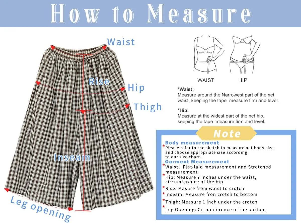 chouyatou Women's Cotton Linen Pants Elastic Waist Plaid Gingham Wide Leg Capri Palazzo Pants