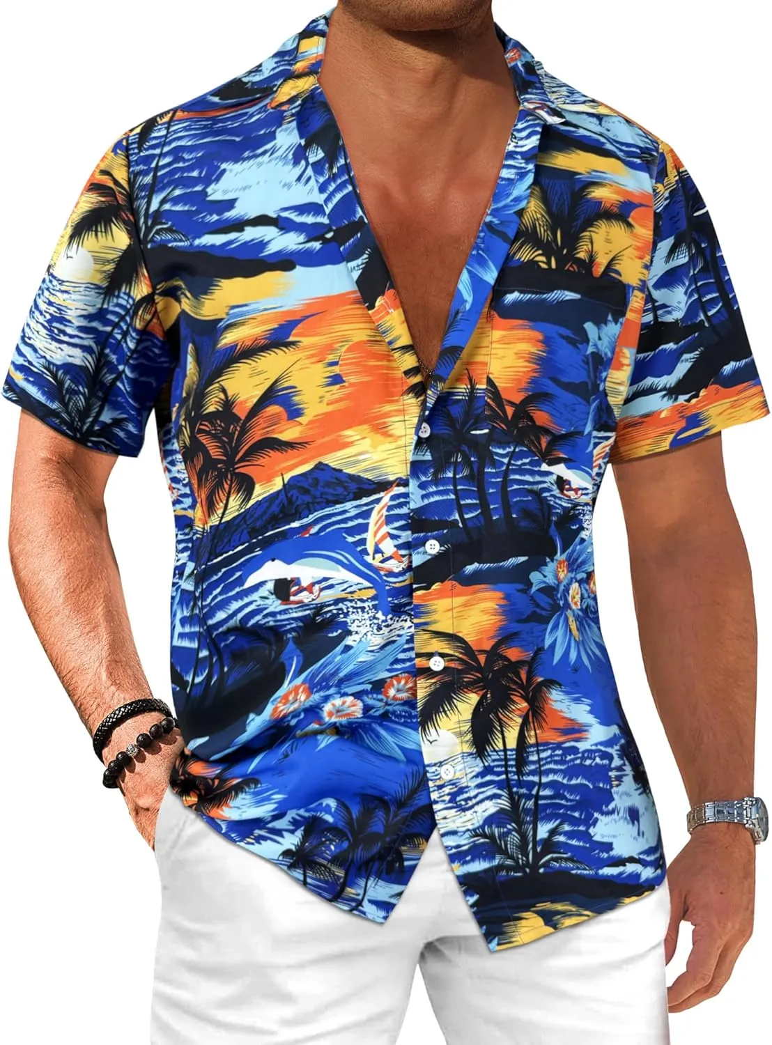Comdecevis Men's Hawaiian Floral Shirts Short Sleeve Button Down Tropical Summer Beach Shirts