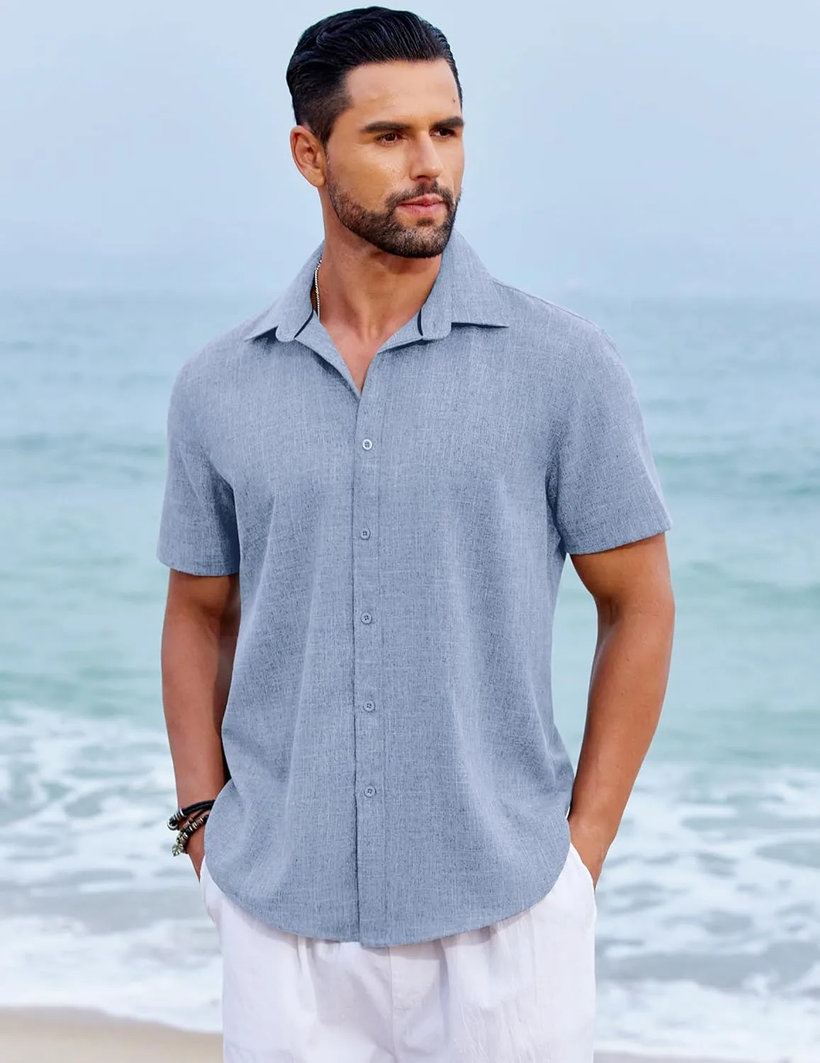 COOFANDY Men's Beach Summer Shirts Linen Texture Shirts Short Sleeve Casual Button Down Shirt