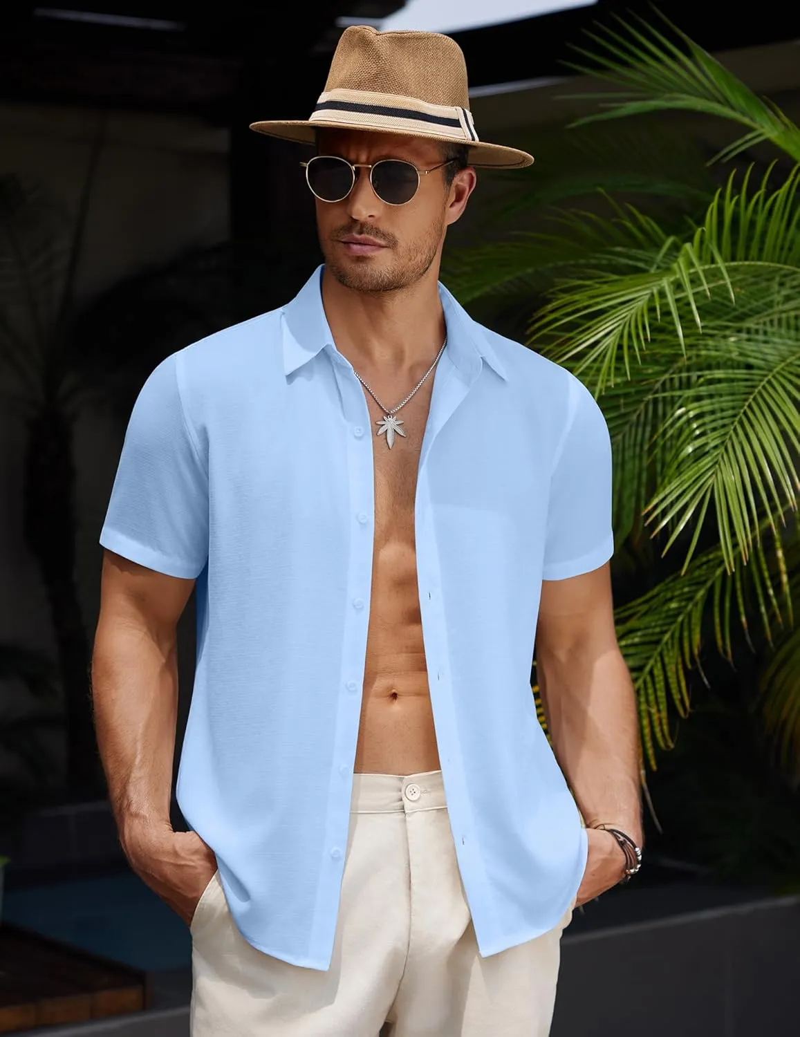 COOFANDY Men's Casual Button Down Short Sleeve Shirts Summer Beach Wedding Shirt Vacation Cotton Shirts