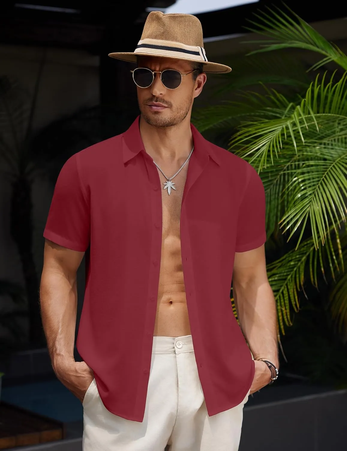 COOFANDY Men's Casual Button Down Short Sleeve Shirts Summer Beach Wedding Shirt Vacation Cotton Shirts